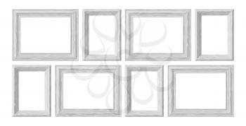 White wooden blank frames for picture or photo isolated on white background, decorative wooden picture frames template set, art frame mock-up 3D illustration