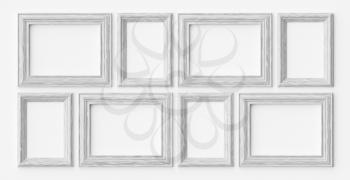White wooden blank frames for picture or photo on white wall with shadows, decorative wooden picture frames template set, art frame mock-up 3D illustration