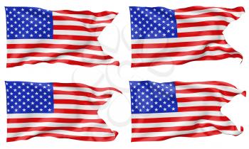 National flag of United States of America with stars and stripes with angle flying and waving in wind isolated on white, 3d illustration set.