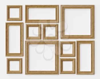 Wood blank photo or picture frames on white wall with shadows, decorative wooden picture frames template set, art frame mock-up 3D illustration
