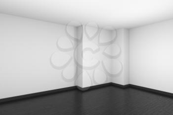 Empty room with white ceiling and walls and black wood parquet floor and soft light, simple minimalist interior architecture background with copy-space, 3d illustration