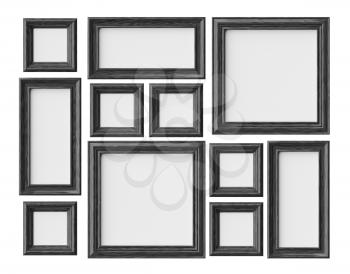 Black wood blank photo or picture frames isolated on white with shadows, decorative wooden picture frames template set, art frame mock-up 3D illustration