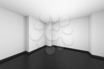 Empty room with white walls and ceiling, black wood parquet floor and soft light, simple minimalist interior architecture background with copy-space, 3d illustration