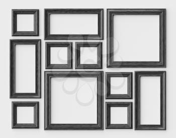 Black wood blank photo or picture frames on white wall with shadows, decorative wooden picture frames template set, art frame mock-up 3D illustration