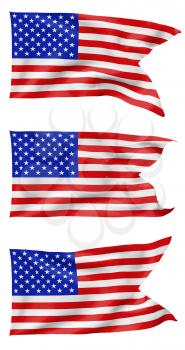 Set of National flag of United States of America with stars and stripes with angle flying and waving in wind isolated on white, 3d illustration set