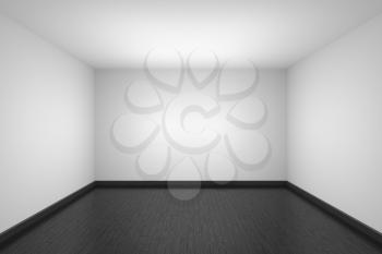 Empty room with white ceiling and walls, black hardwood parquet floor and soft light, simple minimalist interior architecture background with copy-space, 3d illustration.
