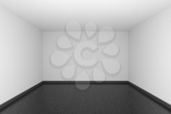 Empty room with white walls and ceiling and black wood parquet floor and soft light, simple minimalist interior architecture background with copy-space, 3d illustration.