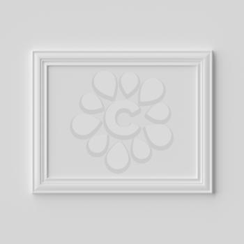 White horizontal blank photo or picture frame on white wall with shadows, white colorless picture frame template, art frame mock-up 3D illustration