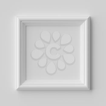 White blank square frame for photo on white wall with shadows, white colorless picture frame template, art frame mock-up 3D illustration
