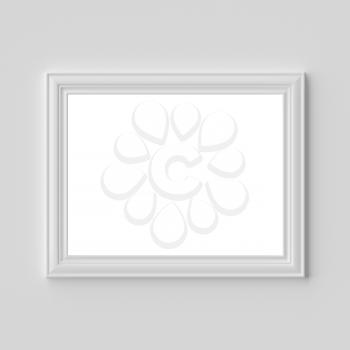 White blank photo or picture frame on white wall horizontal with shadows with copy-space, white colorless picture frame template, art frame mock-up 3D illustration