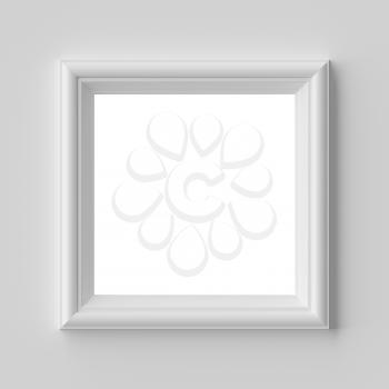 White blank square frame for photo on white wall with shadows with copy-space, white colorless picture frame template, art frame mock-up 3D illustration