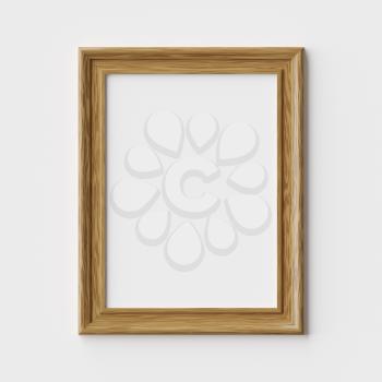 Wood blank picture or photo frame on white wall with shadows, decorative wooden picture frame template, art frame mock-up 3D illustration