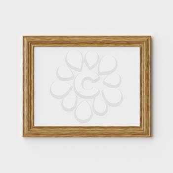 Wooden blank picture or photo frame on white wall with shadows, decorative wooden picture frame template, art frame mock-up 3D illustration