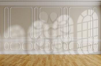 Empty room with sunlight from rounded windows on beige wall with white decorative classic style molding frames, wooden parquet floor and white baseboard, 3d interior illustration