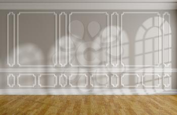 Empty room with sunlight from rounded windows on gray wall with white decorative classic style molding frames, wooden parquet floor and white baseboard, 3d interior illustration