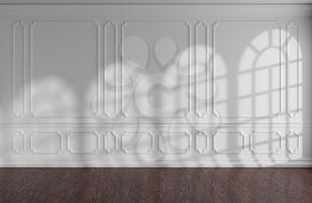 White empty room wall interior with sunlight from rounded windows, decorative classic style molding frames on walls, dark wooden parquet floor and white baseboard, 3d illustration