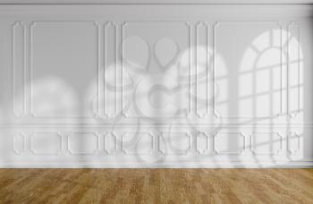 White empty room interior with sunlight from rounded windows, white decorative classic style molding frames on walls, wooden parquet floor and white baseboard, 3d illustration