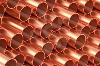 Heavy metallurgical industry production and non-ferrous industrial products creative abstract illustration: many stainless metal copper pipes lying in rows, creative  industrial background