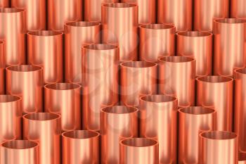 Heavy metallurgical industry production and non-ferrous industrial products creative abstract illustration: many stainless metal shiny copper pipes creative industrial background, 3D illustration