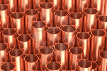 Heavy metallurgical industry production and non-ferrous industrial products creative abstract illustration: many stainless metal shiny copper pipes lying industrial background, creative 3D illustration