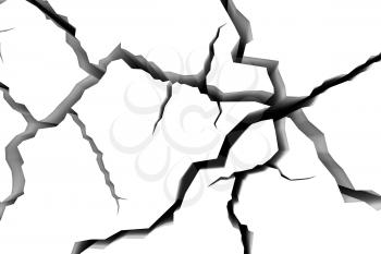Abstract illustration of the danger, destruction and damage concept: cracks in white surface of the white floor or white wall closeup view, abstract 3d illustration