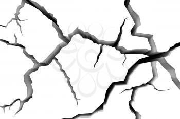 Abstract illustration of the danger, destruction and damage concept: cracks in white surface of white wall or white floor closeup view, abstract 3d illustration
