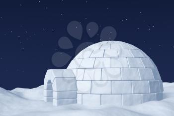 Winter north polar natural night snowy landscape: eskimo house igloo icehouse made with white snow at night on surface of polar white snow field under cold night north sky with bright stars.