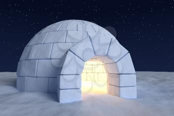 Winter north polar snowy landscape: closeup view of eskimo house igloo icehouse with warm light inside made with snow at night on the surface of snow field under cold night north sky with bright stars