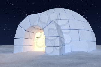Winter north polar snowy landscape: closeup view of eskimo house igloo icehouse with warm light inside made with snow at night on surface of snow field under cold night north sky with bright stars