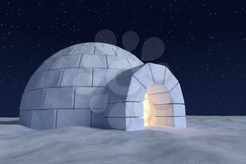 Winter north polar snowy landscape: closeup view of eskimo house igloo icehouse with warm light inside, made with snow at night on surface of snow field under cold night north sky with bright stars