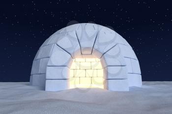 Winter north polar snowy landscape: closeup view of eskimo house igloo icehouse with warm light inside made with snow at night on surface of snow field under cold north night sky with bright stars