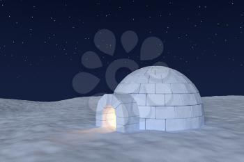 Winter north polar snowy landscape: eskimo house igloo icehouse with warm light inside made with snow at night on the surface of snow field under cold night north sky with bright stars