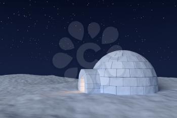 Winter north polar snowy landscape: eskimo house igloo icehouse with warm light inside made with snow at night on the surface of snow field under cold north sky with bright night stars