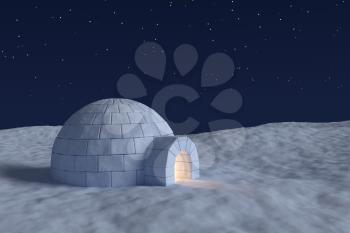 Winter north polar snowy landscape: eskimo house igloo icehouse with warm light inside made with snow at night on the surface of snow field under the cold night north sky with bright stars