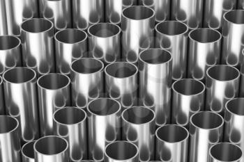 Manufacturing industry business production and heavy metallurgical industrial products creative abstract illustration: many shiny steel pipes background, creative industrial 3D illustration