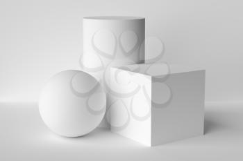 Abstract geometric platonic solids figures still life composition. Three-dimensional cube cylinder sphere white objects with shadows on white background. Simple 3d render illustration.