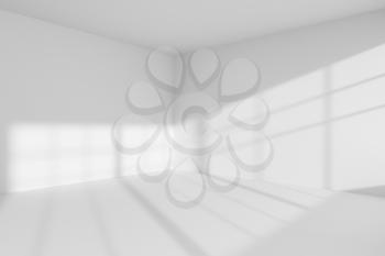 Abstract architecture white room interior: empty white room corner with white walls, white floor, white ceiling with sunlight from window, without any textures, 3d illustration