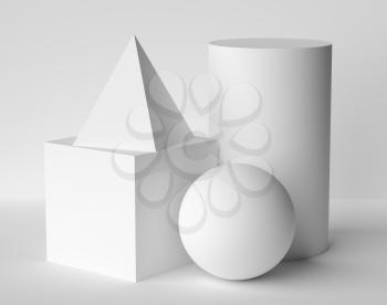 Abstract geometric platonic solids figures still life composition. Three-dimensional pyramid cube cylinder sphere white objects with shadows on white background. Simple 3d render illustration