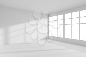 Abstract architecture white room interior: empty white room corner with white walls, white floor, white ceiling and window with sunlight from window, without any textures, 3d illustration