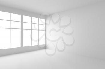 Abstract architecture white room corner interior: empty white room corner with white walls, white floor, white ceiling and window with light from window, without any textures, 3d illustration