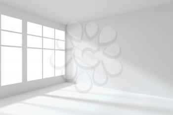 Abstract architecture white room interior: empty white room corner with white walls, white floor, white ceiling and window with light from window, without any textures, 3d illustration