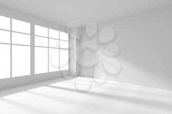 Abstract architecture white room interior - white empty room corner with white walls, white floor, white ceiling and window with sunlight from window, without any textures, 3d illustration