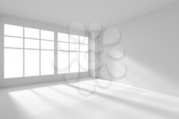 Abstract architecture white room interior - empty white room corner with white walls, white floor, white ceiling and window with sunlight from window, without any textures, 3d illustration