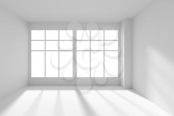 Abstract architecture white room interior - white empty room corner with white walls, white floor, white ceiling and window with sunlight from window, front view, 3d illustration