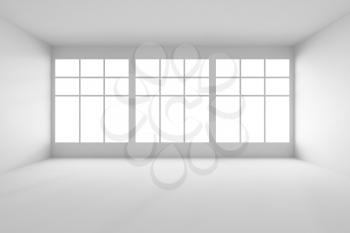 Abstract architecture white room interior - white empty room with white walls, white floor, white ceiling and big window, without any textures,  front view, 3d illustration