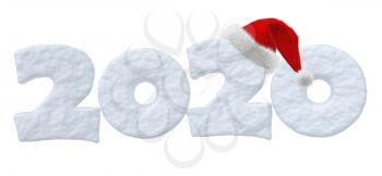 2020 Happy New Year sign text written with numbers made of snow with Santa Claus fluffy red hat, winter snow symbols 3d illustration isolated on white
