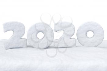 Happy New Year 2020 sign text written with numbers made of snow on snow surface, winter snow symbol 3d illustration isolated on white