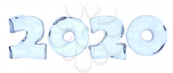 Happy New Year 2020 sign text written with numbers made of clear blue ice, winter celebration icy symbol 3d illustration isolated on white