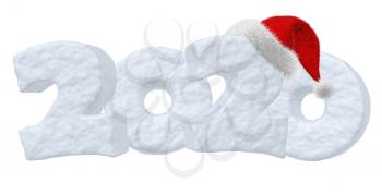 2020 New Year sign text written with numbers made of snow with Santa Claus fluffy red hat, winter snow symbols 3d illustration isolated on white