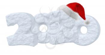 New Year 2020 sign text written with numbers made of snow with Santa Claus fluffy red hat, winter snow symbols 3d illustration isolated on white